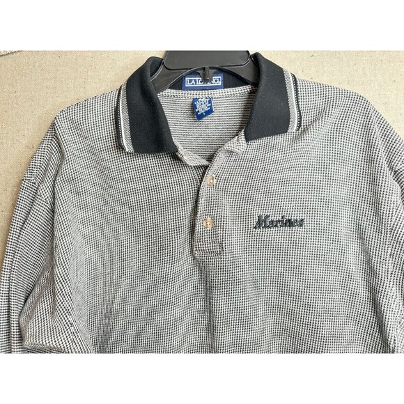 La Loving Marines Embroidered Polo Shirt    Houndstooth Pattern Blue White Sz L - Picture 1 of 6